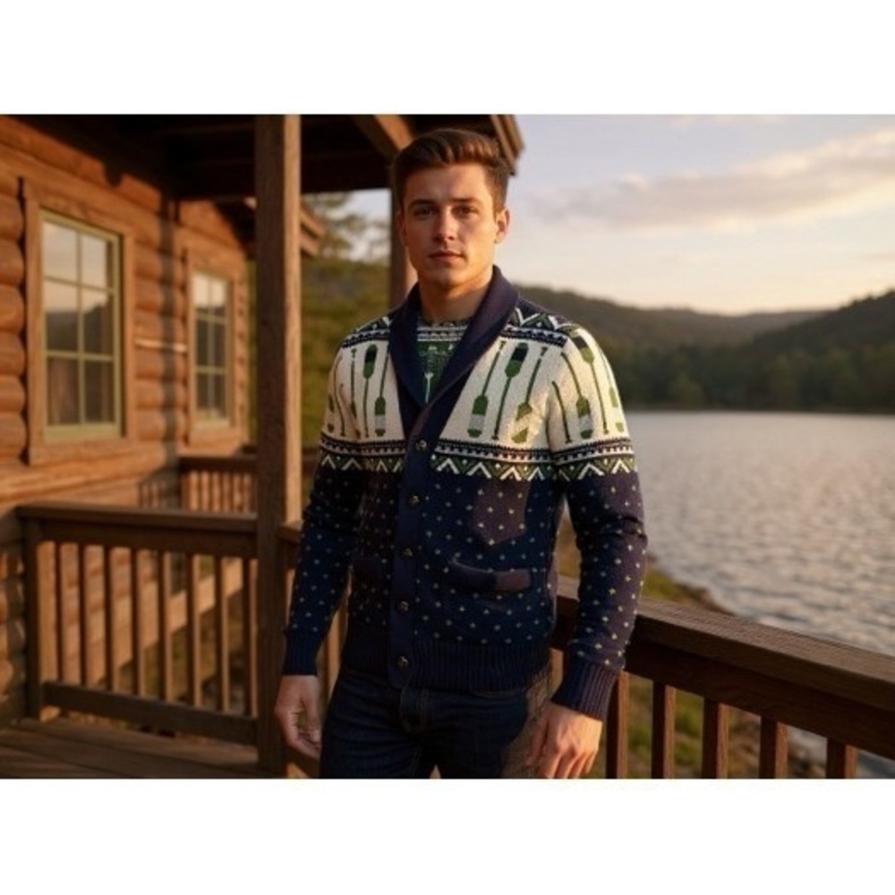 Merona Men's Navy Blue Oar Pattern Shawl Collar Cardigan Size‎ S/P granola indie